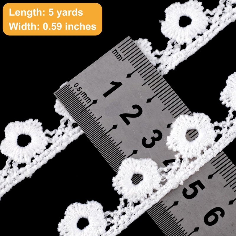 Deozu 5 Yards White Lace Trim, Vintage Crocheted Lace Ribbons, Embroidery Laces for DIY Crafts, Bouquet, Sewing, Wedding, Wrapping, Decoration (0.59" Wide, Flower) - Image 2